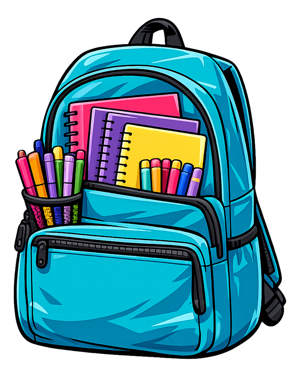 A teal backpack packed with spiral notebooks and colored markers